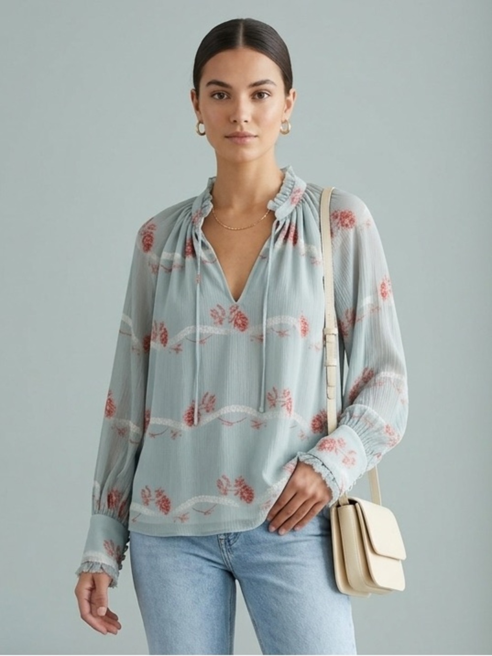 Jonathan Simkhai 100% silk Light Sage Floral Long-Sleeve Blouse classic feminine